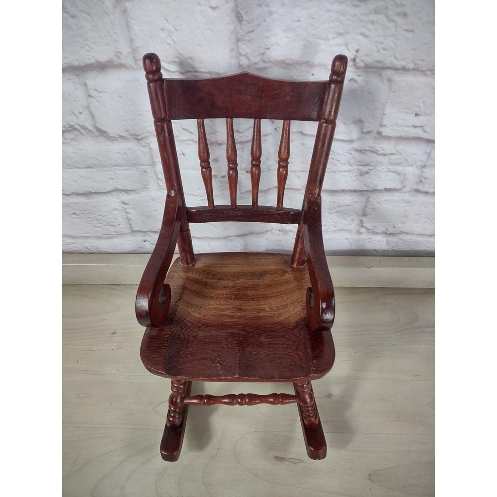 Vtg Wooden 15" Life Size 18" Doll Rocking Chair Wood Spindle Back Curled Armrest